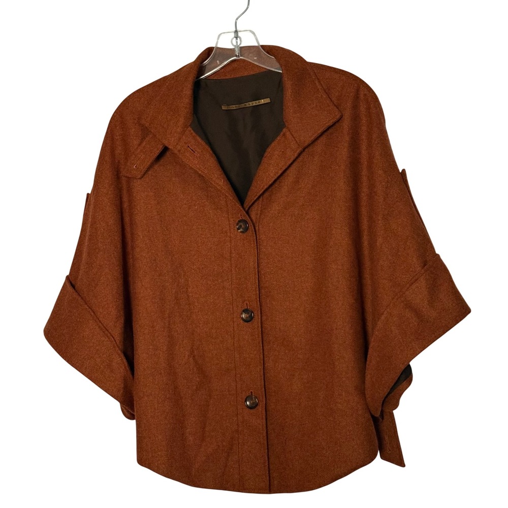 Jenni Kayne Poncho Jacket Cashmere Silk Rust Wool Blend Button Front Cape - OS
